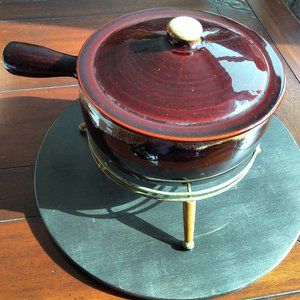 MidCentury Pfaltzgraff Gourmet Brown Drip Fondue/Chili Pot w. Lid & Warmer Stand